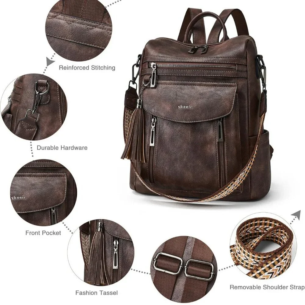 Brown Faux Leather Women's Backpack with Wristlet